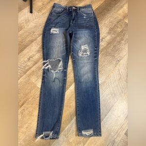YMI jeans size 5 high rise skinny dream fit, distressed throughout  front